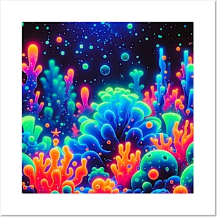 uv reactive Neon Coral Reef Underwater Scene Posters and Art